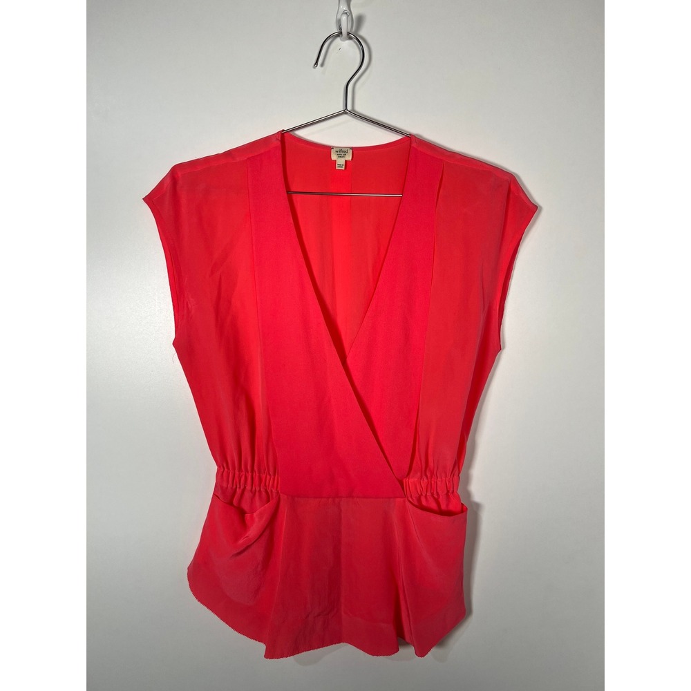 Wilfred Aritzia Coral Pink 100% Silk Wrap Front Sleeveless Blouse Y2K Peplum